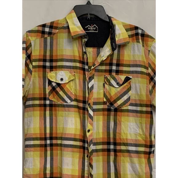 Kavu Mens Plaid Shirts Large 2 Shirts Lot Bundle Short Sleeve Yellow Blue - Picture 2 of 7